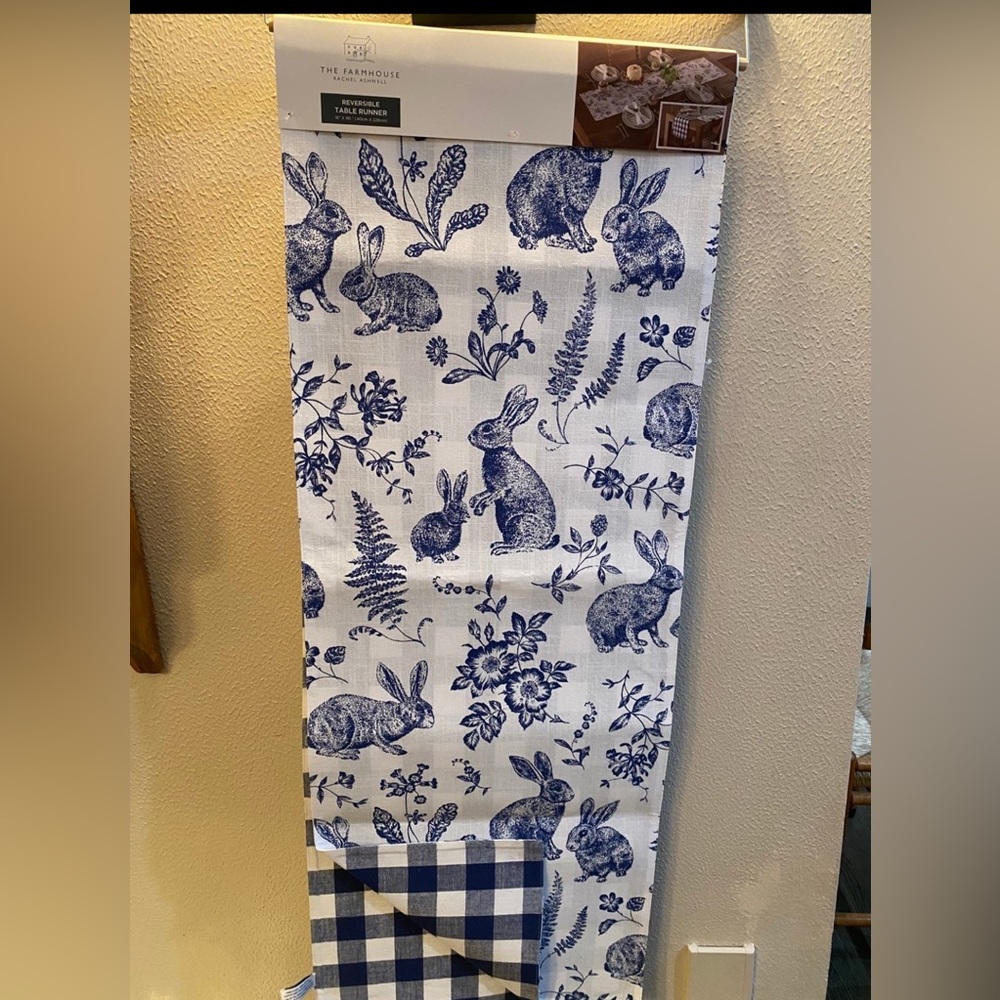 The Farmhouse Blue & White Rabbit Toile Table Runner 16”x90” Brand New! LAST ONE